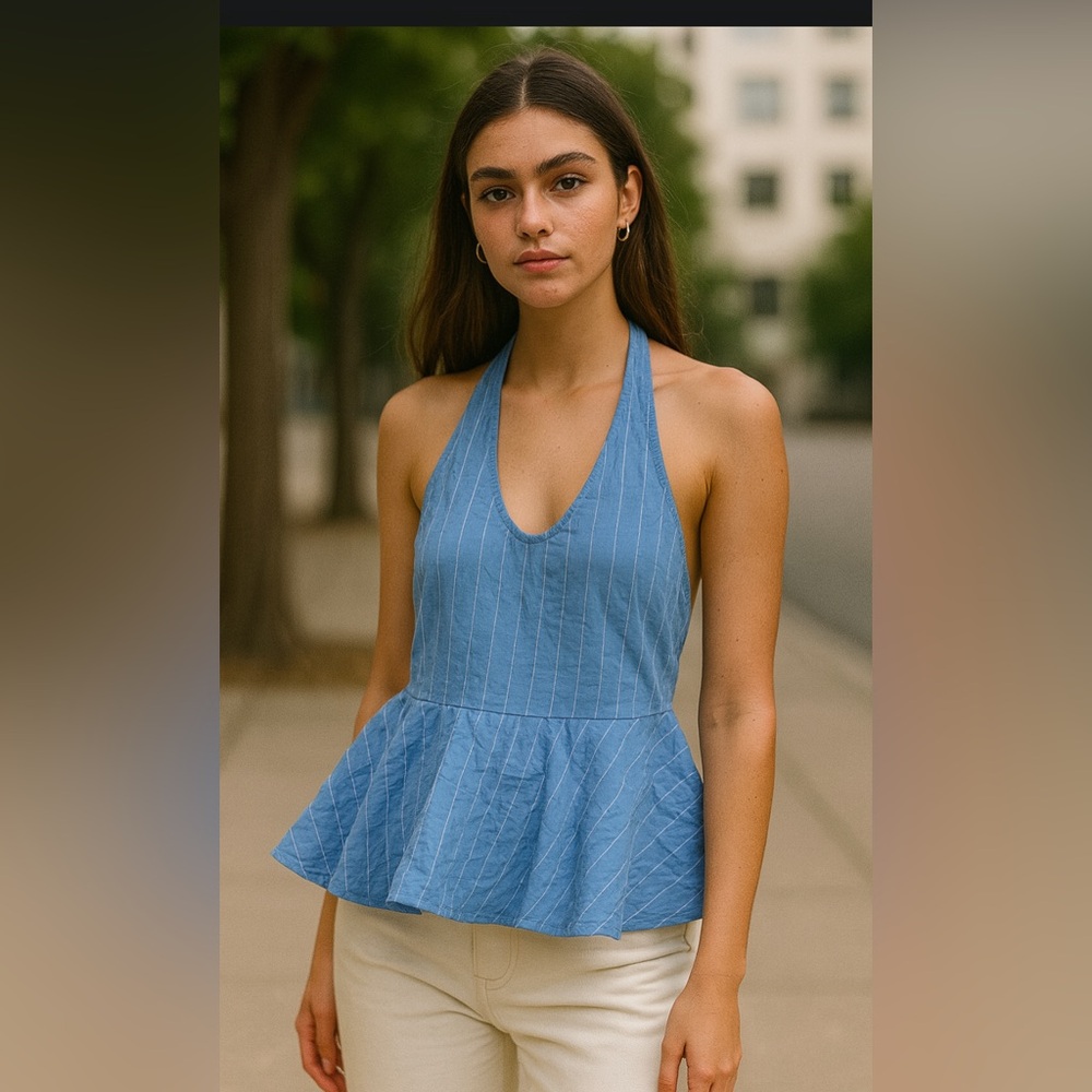 Silence + Noise Urban Outfitters UO Blue Pinstripe Halter Peplum Top Size Small